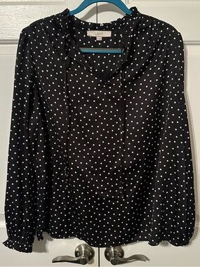LOFT Black & White Polka Dot Tie-Neck Blouse